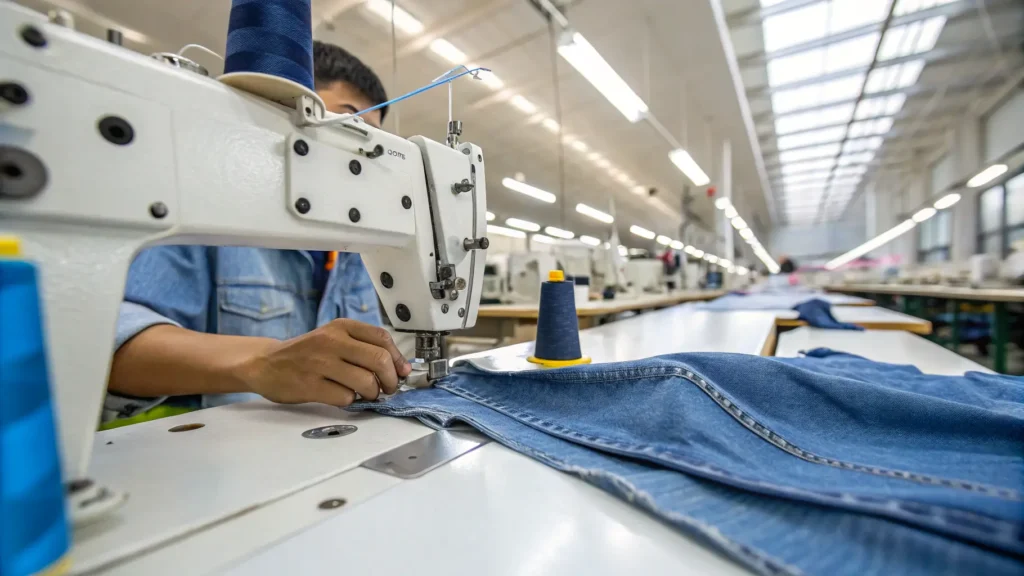 Pekerja konveksi menjahit denim menggunakan mesin jahit high speed di pabrik.