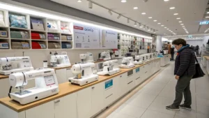 Pengunjung melihat berbagai jenis mesin jahit di showroom.